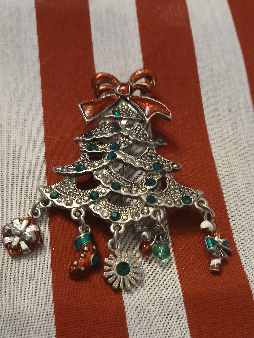 Kenneth Cole Silver Tone Charm Dangle Christmas Tree Brooch Signed